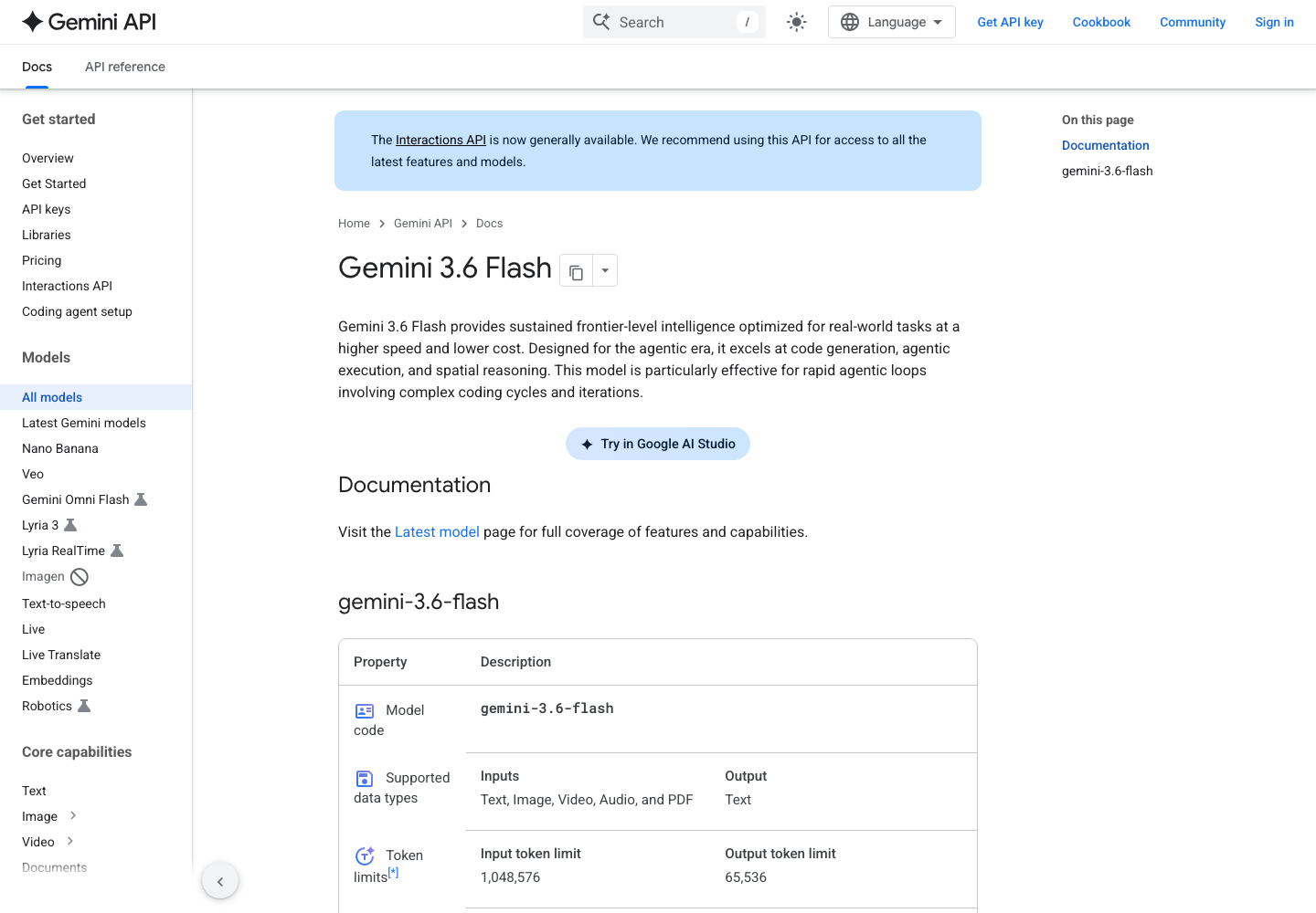 Gemini API documentation showing the Gemini 3.6 Flash model ID and token limits