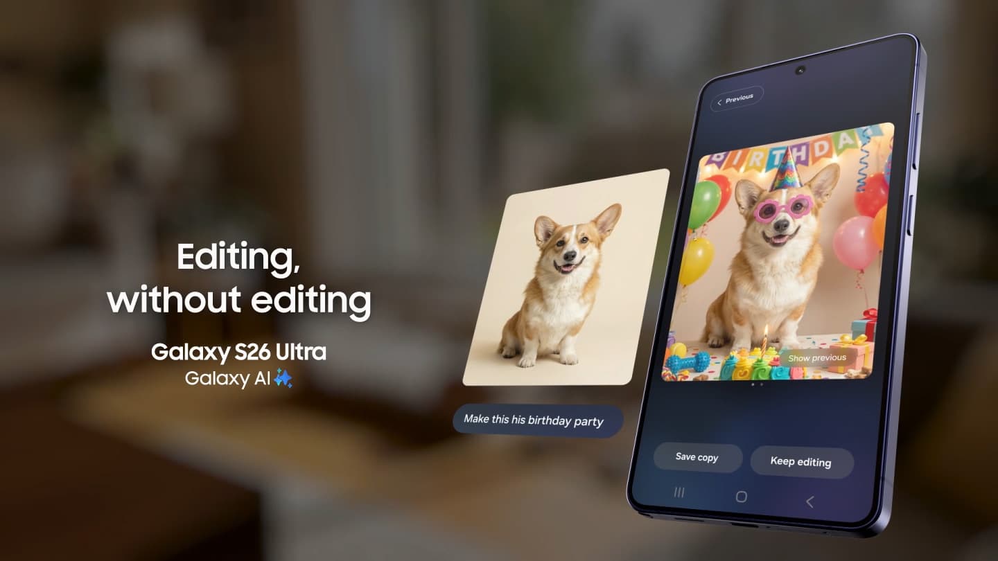 Galaxy AI shown performing generative image editing on a Samsung phone