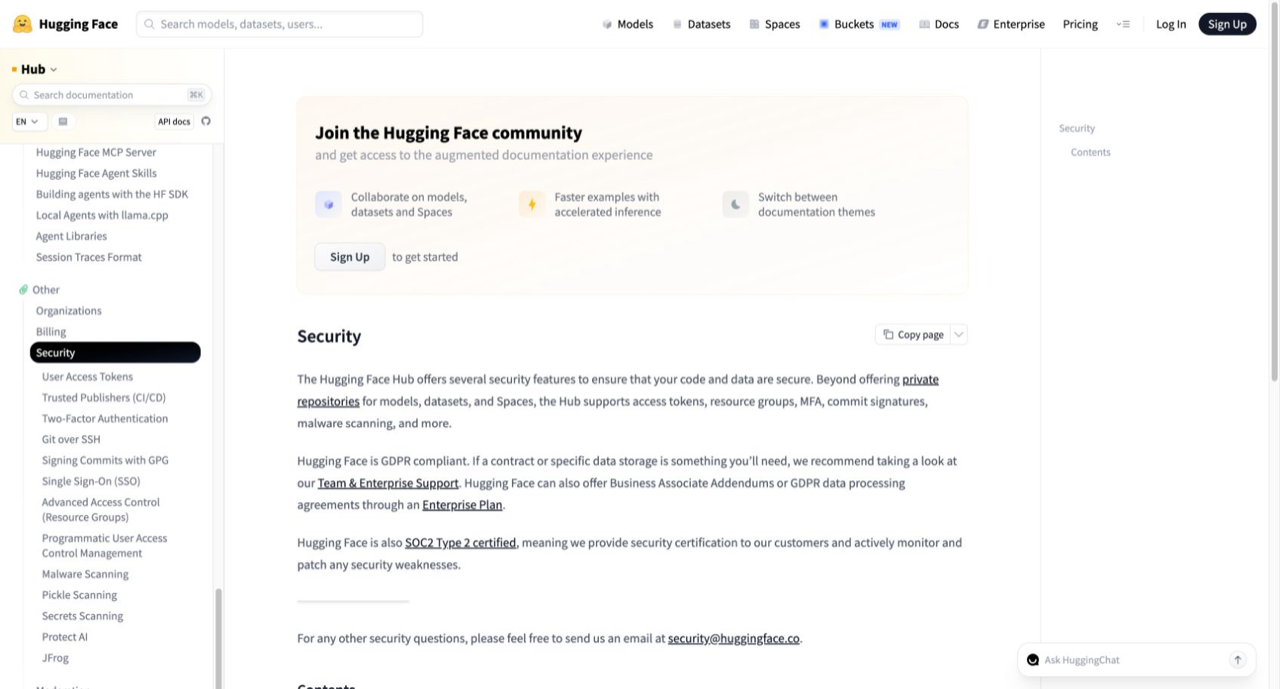 Hugging Face's official security reporting surface